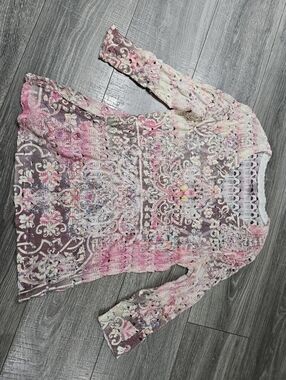 Wrangler Wrancher Pink Multi-Color Crochet Knit 3/4 Sleeve Cowgirl Western Top M